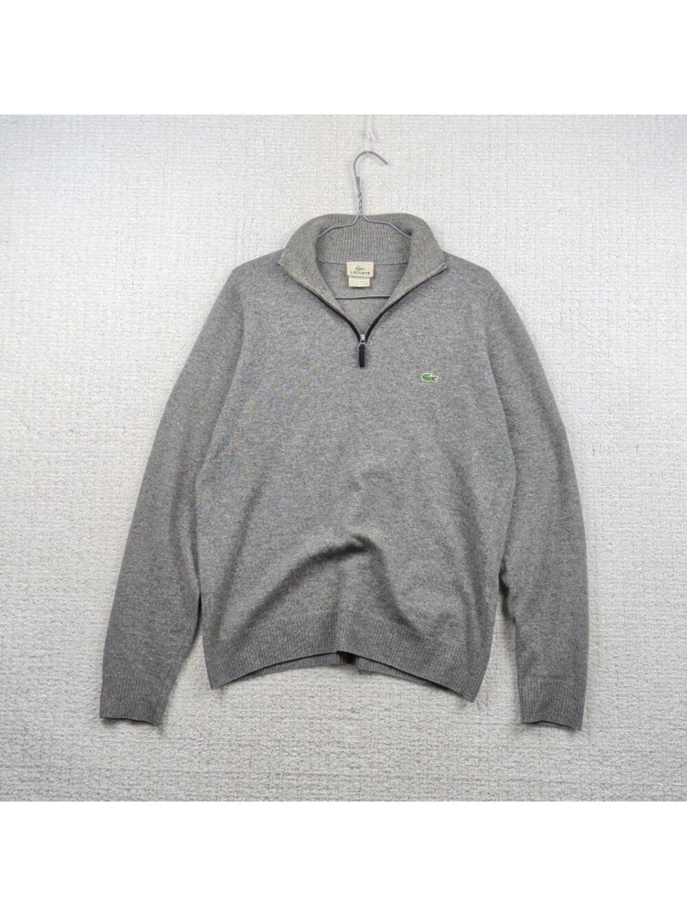 Vintage Lacoste Wool Quarter Zip Sweater Men Sz 4 Gray Preppy Dark Academia